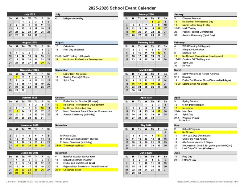 DAS Calendar at a glance - 2025-2026
