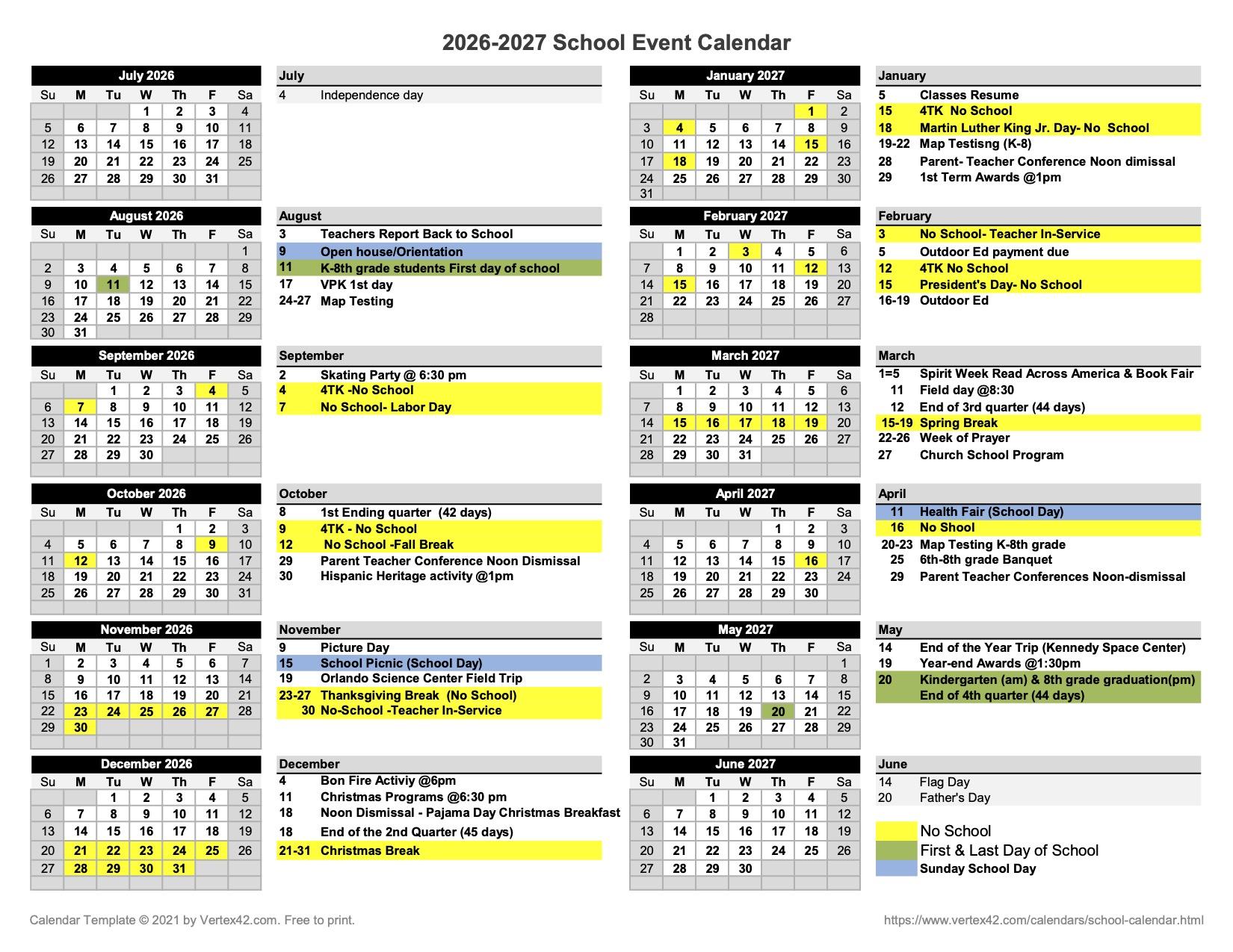 School year 2026–2027 calendar grid highlighting key dates and no-school days across months.