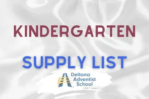 Kindergarten Supply List title with the Deltona Adventist School logo on a light, wavy background.